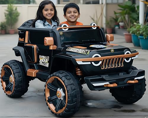 Image of Wishmaster Kids Battery Operated Car, Big Size 1166 Model, 4 Motor Ride-On EV for Boys & Girls 1-10 Years | Remote + Steering + Mobile App | Bluetooth Music | Black & Gold Kids Electric Jeep