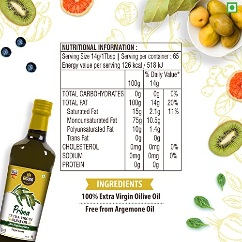 Image of DiSano Extra Virgin Olive Oil, Prima 1 Ltr (Glass Bottle), Made from 100% Premium Hojiblanca Olives