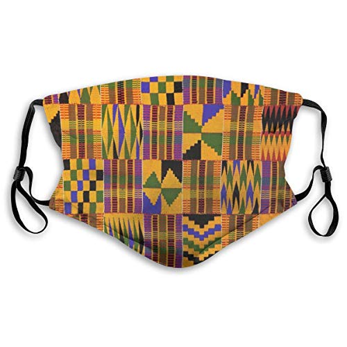 Face Mouth Scarf,Ghana Kente Cloth Black Printing Face Scarf for Skateboarding Scooting,20x15cm