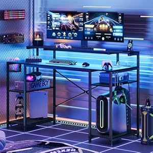 Bestier 55 inch Gaming Desk with Power Outlets & LED Lights, Computer Desk with Monitor Stand & Adjustable Shelves, Home Office Desk with Cup Holder & Hook, Black 3D Carbon Fiber