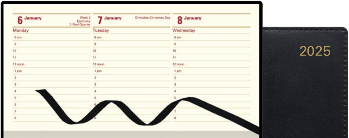 Letts of London Belgravia Slim Landscape Week to View Leather Diary with Appointments and Planners 2025, 6.8-inch Height, Black, Office and School Supplies