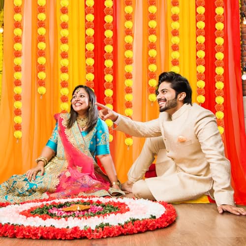 Image of Indian Pooja Backdrop Decoration Items 7x5ft Diwali Backdrop 5 Artificial Marigold Garland Set Mehndi Home Decorations for Janmashtami, Varalakshmi, Haldi, Puja, Ganesha Party Decor