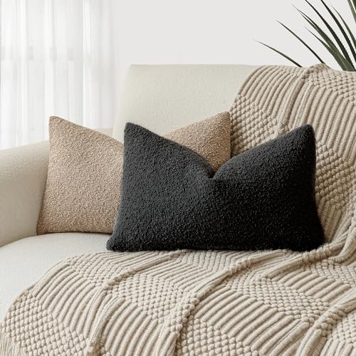 Image of Foindtower Set of 2, Decorative Textured Boucle Throw Pillow Covers Accent Solid Lumbar Pillow Cases Cozy Couch Cushion Case for Chair Sofa Bedroom Living Room Home Decor 12 x 20 Inch Black
