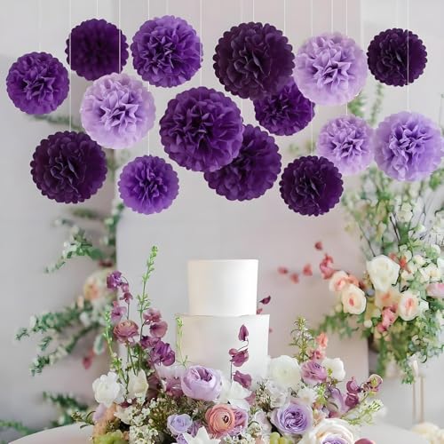 Image of XIKSXITN 12 pc Purple Tissue Paper Pom poms in 3 Colors-Hanging Paper Flowers Ball for Party Decorative