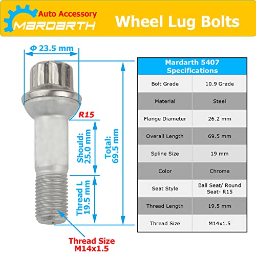 14Mm X 1.5 Wheel Lug Bolt Oe Factory Wheel 0009905407 Compatible With Ml500 S550 Cl63 Ml350 Glk350 Cl500 Gl450, Pack Of 20 #TOP1