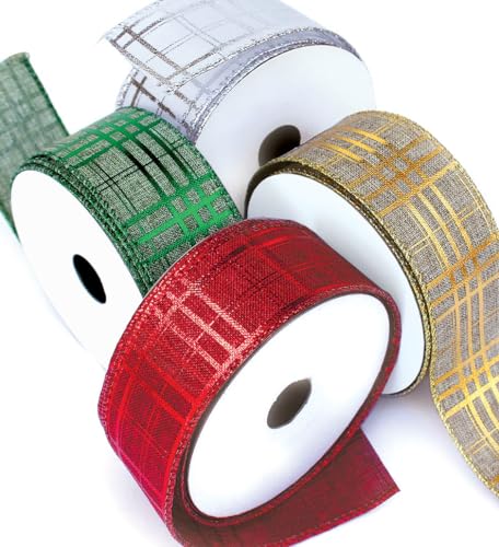 Wired Christmas Ribbon for Tree Plaid Ribbons Set Burlap Xmas Thick 2.5 Inch 4 Rolls 24 Yards for Decorating Trees Gift Wrapping Wreaths Bows Perfect for Tree Topper Wreath Mailbox Staircases