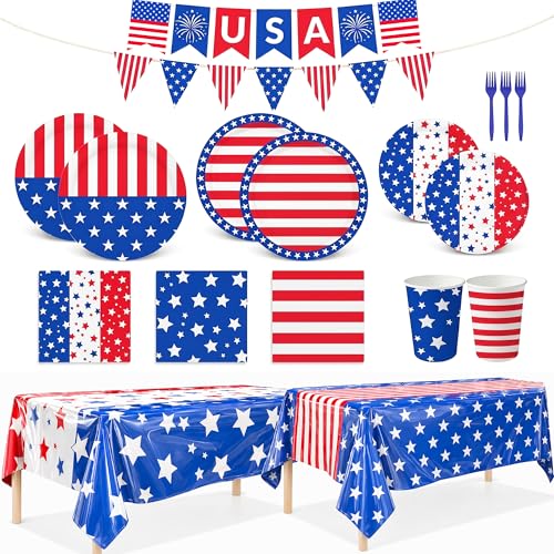 250th Anniversary 4th of July Decorations, Red White Blue Patriotic Party Supplies, Includes Plates, Napkins, Cups, Banner, Tablecloth -Patriotic & 4th of July Party Decorations