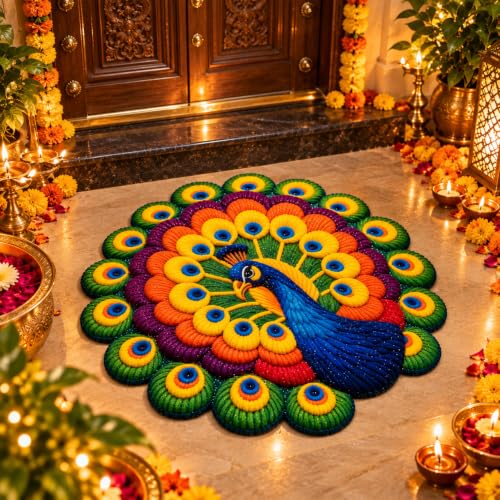 Image of 3D Floral Door Mat | Water Absorbent, Anti-Skid, Machine Washable Floor Mat | Soft Microfiber Carpet for Home, Living Room & Bedroom | Premium Decorative Mat (Multy, Peacock)