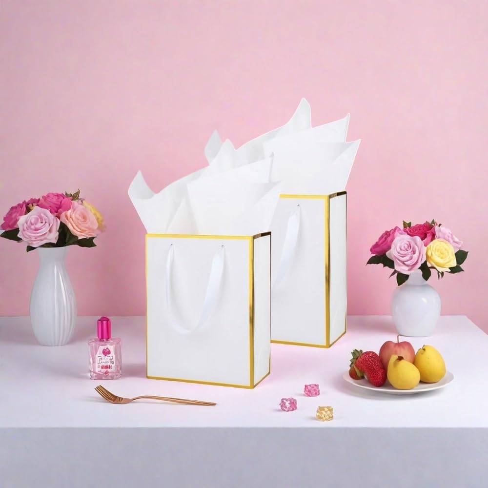 UoeRing 25 Pack Thank You Gift Bags with Handles 9.5x7.5x3.75 inch Gift Bags Medium Size Gift Bag with Tissue Paper and Card for Wedding Birthday Bridesmaid Holidays Mother's Day (White Gold) - Image 2