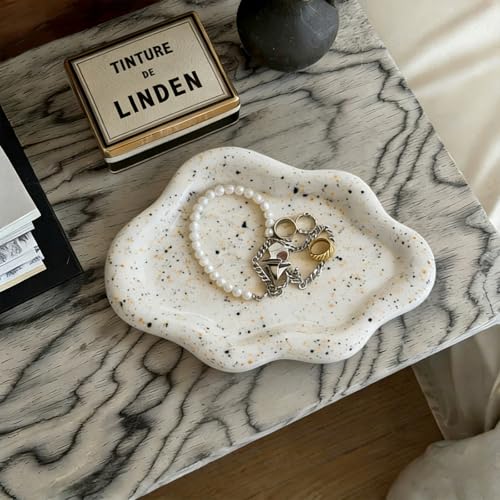 Image of Jewelry Dish Trinket Tray for Women, Ring Dish Holder, Unique Cloud Shape Ceramic Plate Cute Things Vanity Aesthetic Room Decor Mother's Day Birthday Gifts (Marble Beige)