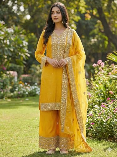 Image of JIYA'S Collection Women Eid Special Fendy Silk Embroidered Kurta Palazzo Set with Dupatta