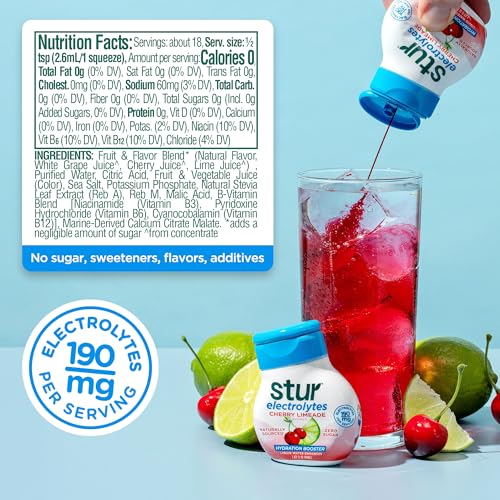Image of Stur Electrolyte Water Enhancer | Sweetened with Stevia | High in Antioxidant Vitamin C | Sugar Free | Zero Calories | Keto | Vegan | 5 Bottles, Makes 90 Drinks (Cherry Limeade)