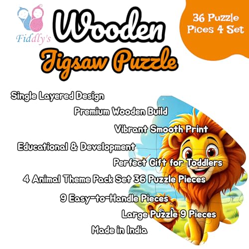 Image of Fiddlys Single Layered Wooden Jigsaw Puzzle Games for Children & Kids -9 Pieces Age 2 3 4 5 6 Year Old Years Old Girls & Boys Animals Jigsaw Puzzle (Pack of 4 Wild Animal)