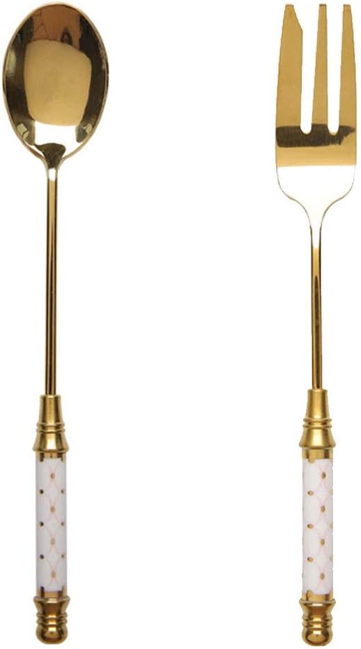Durable Spoon Tableware Set European Style Golden Stainless Steel 2-Piece Spoon and Fork Ceramic Handle Afternoon Tea Spoon Dessert Fork Tablespoon (Color : C)