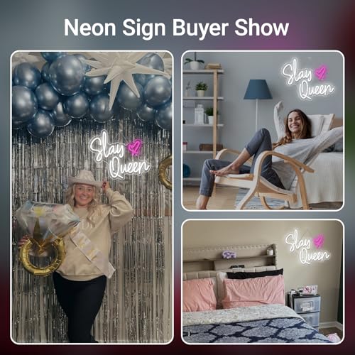 Image of Slay Queen Neon Sign White Pink LED Neon Light Up Signs for Wall Decor Usb Neon Light for Bedroom Preppy Girl Aesthetic Room Dorm Decor Y2k Party Gifts
