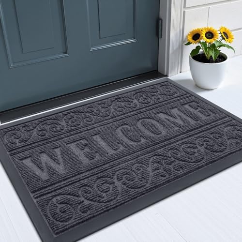 Image of OLANLY Welcome Door Mat Indoor Outdoor Entrance, Heavy Duty Sturdy Front Door Mat, Waterproof All-Weather Doormat, Stain Resistant, Low Profile, Easy Clean Patio Entryway Mat, 29.5 x 17, Medium Grey