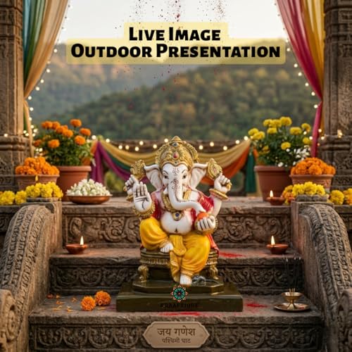 Image of Marble Lord Ganesha Idol on Singhasan - 7 Inch Multicolor Glossy Ganpati Murti for Home Pooja Room, Decorative Showpiece & Gift (13x10x18 cm)
