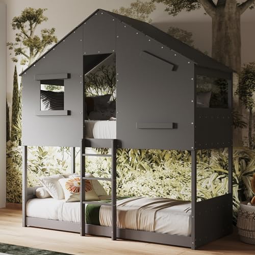 Flair Furnishings Single Bunk Bed, Wooden Bunk Beds for Kids, Heavy Duty and Sturdy, Fun Jungle House Theme, Cosy, Space-Saving Design (Grey) Flair Furnishings Single Bunk Bed, Wooden Bunk Beds for Kids, Heavy Duty and Sturdy, Fun Jungle House Theme, Cosy, Space-Saving Design (Grey)