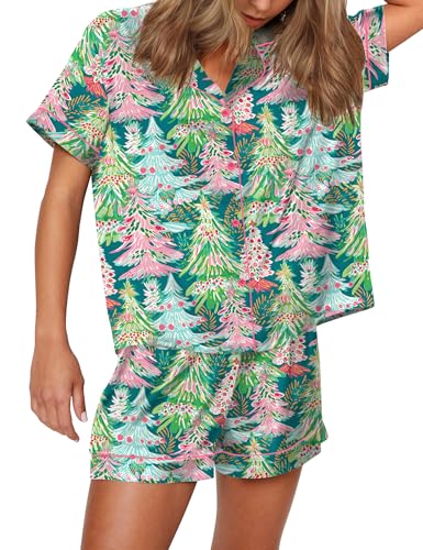 Image of SHESHOW Satin Pajamas for Women Set Preppy Animals Pjs Short Sleeve Shorts 2 Piece Loungewear Sets XS-XXL
