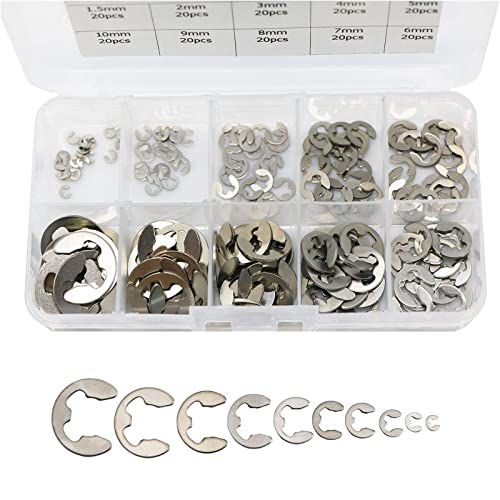 Kazetec 200 Pcs 304 Stainless Steel Opening Snap Ring, E-Clip External Retaining Circlip Assortment Kit #TOP5