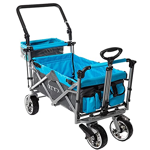 IMLEX Bollerwagen IM4268 Azurblau faltbar mit Dach Handwagen mit Schiebegriff und 3-Punkt Gurt klappbar Transportwagen