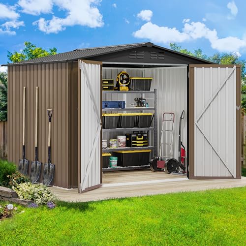 Image of DWVO 7x5ft Metal Outdoor Storage Shed, Waterproof Tool Shed Heavy-Duty Storage Unit with Lockable Door and Vents, Ideal for Bicycles, Tools, Lawnmowers, Backyards, Patios, Lawns - Brown