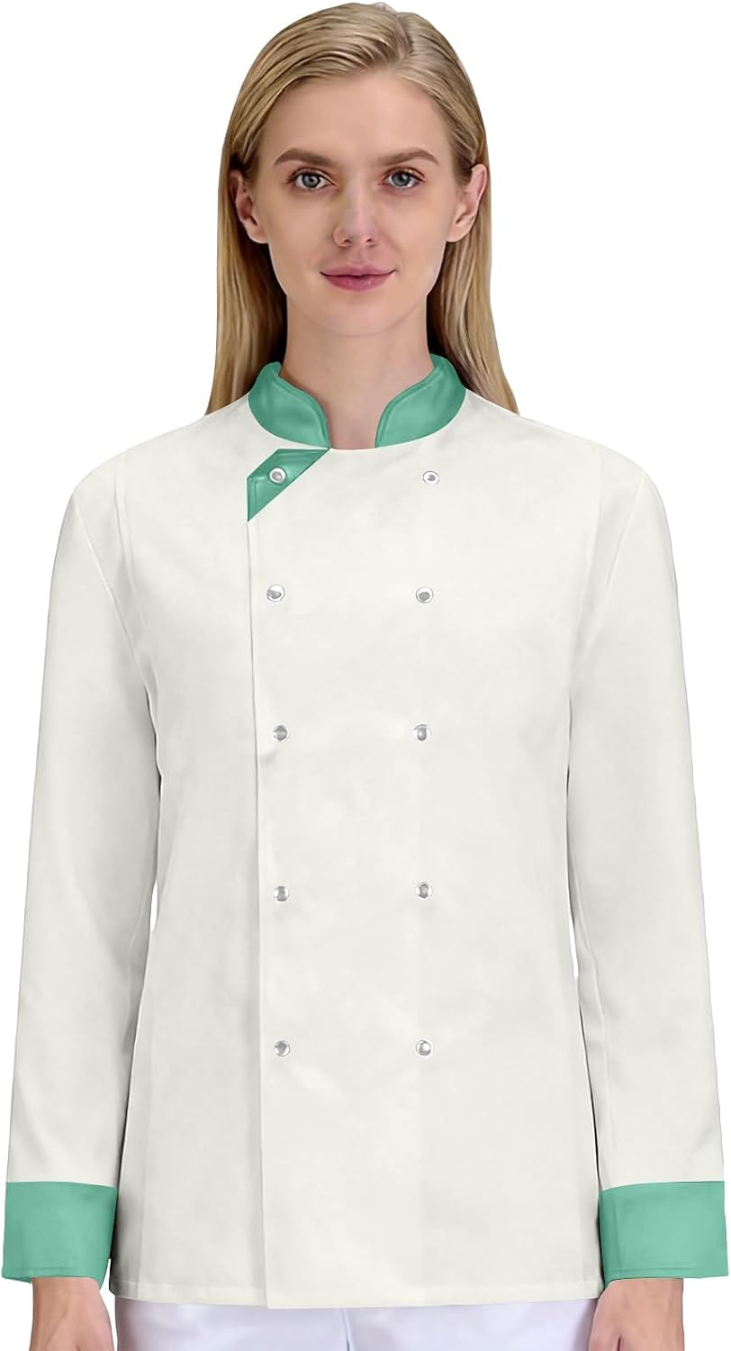 Unisex Long Sleeve Chef Coat - Kitchen Jacket with Mandarin Collar & Diagonal Buttons - Modern Fit Poly Uniform, XS-4XL
