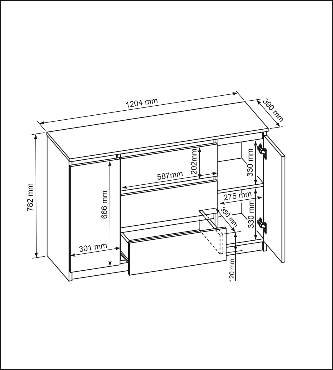 Kommode mit 3 Schubladen 2 Schranktüren 120 cm Ideal für Wohnzimmer, Schlafzimmer, Kinderzimmer und Büro Moderne Elegante Lösung für stilvolle Aufbewahrung (Anthrazit)