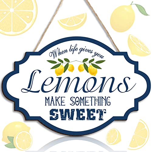 Jetec Lemon Wood Sign 12 x 7.9 Inches Rustic Lemons Make Something Sweet Wooden Wall Decor Farmhouse Porch Decoration Round Wooden Hanging Sign for Home, Restaurant, Shop