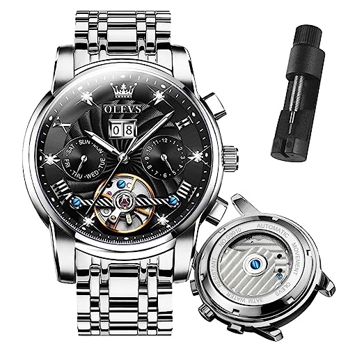 Image of OLEVS Automatic Watches for Men Luxury Mechanical Self Winding Watch Tourbillon Skeleton Watch Business Diamond Waterproof Men Watches Stainless Steel Calendar Wrist Watch Silver /Black /Blue /Gold Face