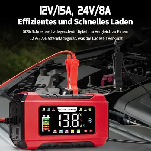 Bild 1 - HAUSPROFI 15A Autobatterieladegerät 12V/24V mit Reparaturmodus & Erhaltungsladung, 9-Stufen-Ladung, LCD-Display für Auto, LKW, Motorrad, Boot - Kompatibel mit Blei-Säure, AGM, EFB, LiFePO4 Batterien