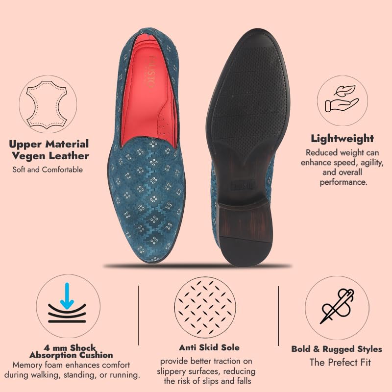 Image of FAUSTO Men Embroidered Sequin Ethnic Slip-On Juttis and Mojaris with Memory Cushioned Insole | Traditional Party Loafer Kurta Shoes for Wedding, Reception