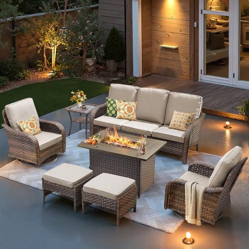 JELWALY 7 Pieces Patio Furniture Set with 42.5" Fire Pit Table-All Weather Wicker Outdoor Furniture with High Back Swivel Patio Chairs Set of 2 Outdoor Couch for Deck Balcony Backyard Brown/Beige