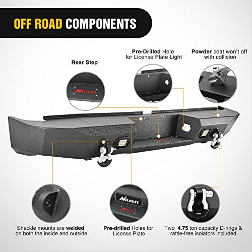 Image of Nilight Rear Step Bumper for 2007 2008 2009 2010 2011 2012 2013 Toyota Tundra Full Width Pickup Truck Textured Black Solid Steel Off-Road with 2X Upgraded 18W LED Lights D-Rings