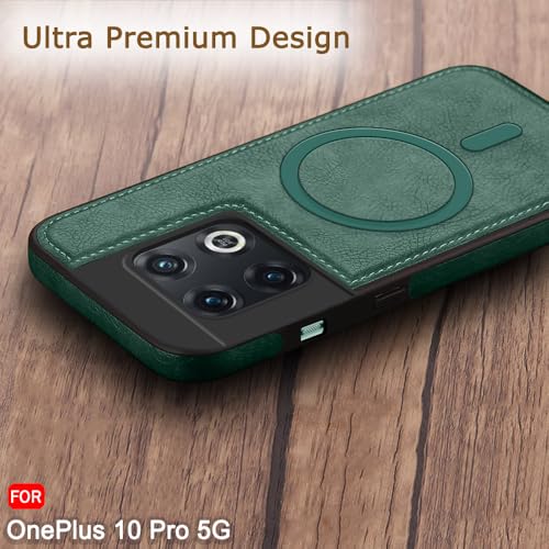 Image of TheGiftKart Genuine Leather Finish Back Cover Case for OnePlus 10 Pro 5G | ShockProof Design | Raised Edges for Camera & Screen Protection | Stunning Minimalist Design Case (MagSafe Compatible, Green)