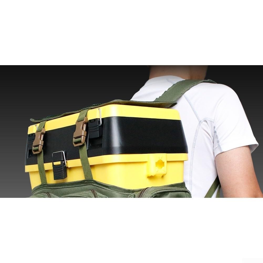 Mochila de pesca de nailon verde con capacidad de 36 litros y caja de aparejos para almacenamiento organizado de equipo con panel trasero de malla transpirable y cojín de asiento integrado para viajes