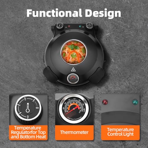 Image of Electric-Pizza-Oven-Indoor, 12 Inches Countertop Cooker,800℉ Electric Pizza Maker with Timer, Ceramic Stone, Viewing Window, Complete Accessory Kit, Black