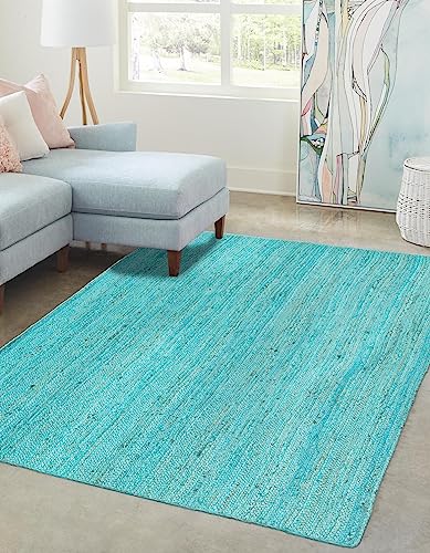 Image of Unique Loom Braided Jute Collection Area Rug - Dhaka (5' 1 inch x 8' Rectangle, Turquoise)