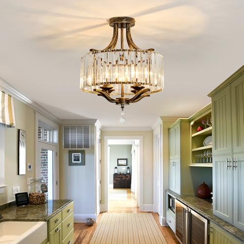 Piepooye Rustic Crystal Chandelier 4 Lights Oil Rubbed Bronze Semi Flush Mount Ceiling Light Fixture E12 Metal Farmhouse Chandelier For Dining Room Bedroom Hallway Entryway Kitchen thumb #3