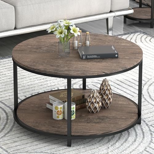 Image of NSdirect Round Coffee Table, 27.5 inch Small Coffee Table for Living Room,2-Tier Rustic Wood Desktop with Storage Shelf Modern Design Home Furniture(Light Walnut)