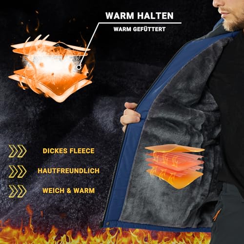 KEFITEVD Snowboardjacke Herren Warm Gefüttert Ski Jacke Wasserdicht Softshell Jacke mit Kapuze Skijacke Herren Dicke Winterjacke Parka Jacke Jagdjacke Dunkelblau XL