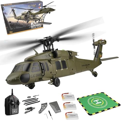 EZGHAR WL K170 Black Hawk RC Helicopter for Adults, 2.4G 4CH Flybarless RC Helicopter with Adjustable Left and Right Hand Throttle, Indoor and Outdoor Toy Models (3-Battery Version)