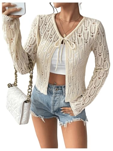 MakeMeChic Women's Hollow Out V Neck Long Sleeve Cardigan Sweater Tie Front Lightweight Cardigans