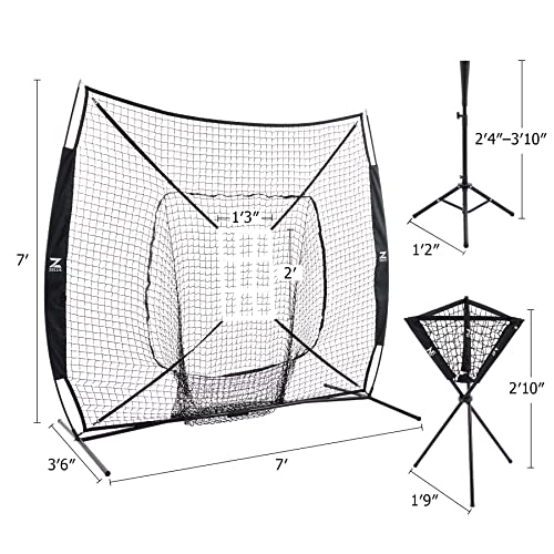 Zelus Baseball Net Kit With Tee And Strike Zone, 7X7Ft Softball Training Equipment For Hitting And Pitching, Portable Indoor Outdoor Batting Practice Net With Carry Bag Ball Caddy & 12 Baseballs #TOP3