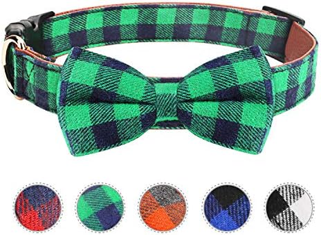 Dog Bow Tie, Vaburs Dog Cat Collar with Bow Tie Buckle Light Plaid Dog Collar for Dogs Cats Pets Soft Comfortable,Adjustable (S, Green)