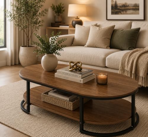 Image of Coffee Tables for Living Room Modern Coffee Table Oval Sofa Table Center Tables for Living Room 2 Tier Side Table Small Apartment Home Furniture Black Gold 2T (Black Brown)