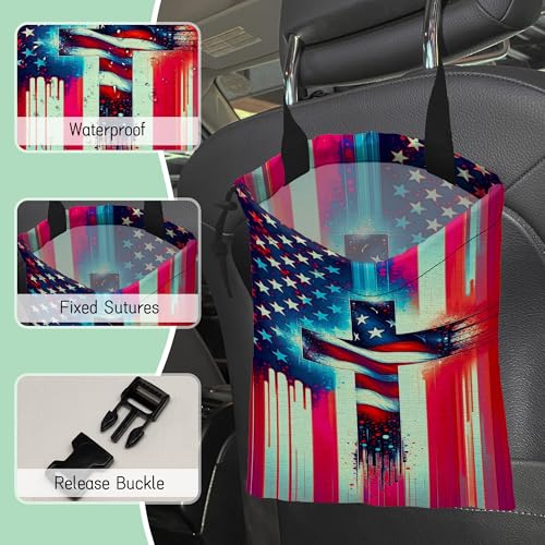 Image of American Flag Cross Car Garbage Bag,Waterproof Small Car Trash Bag Hanging Back of Seat,Drawstring Hanging Car Trash Bag with Adjustable Buckle for Car Accessories