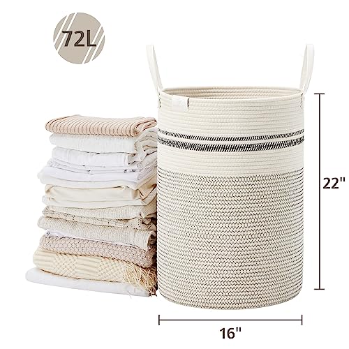 Image of VIPOSCO 72L Tall Woven Rope Laundry Hamper, Leather Handles, Stripe White | Large Wicker Laundry Basket for Dirty Clothes, Blanket, Toy, Towel, Yoga Mat, Storage Bin in Bedroom, Bathroom, Living Room