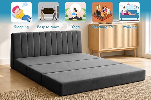 Image of 3-Seater Foldable Floor Sofa Bed with, Modern Velvet Fabric Folding Couch for Living Room, Guest Room & Small Spaces-Black