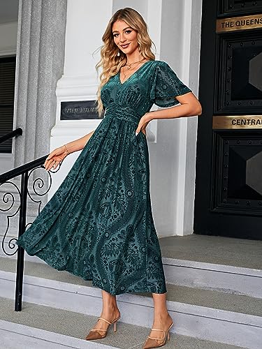 Image of Simplee Women's V Neck Velvet Maxi Dress Short Sleeve Empire Waist Long Formal Dress for Wedding Guest
